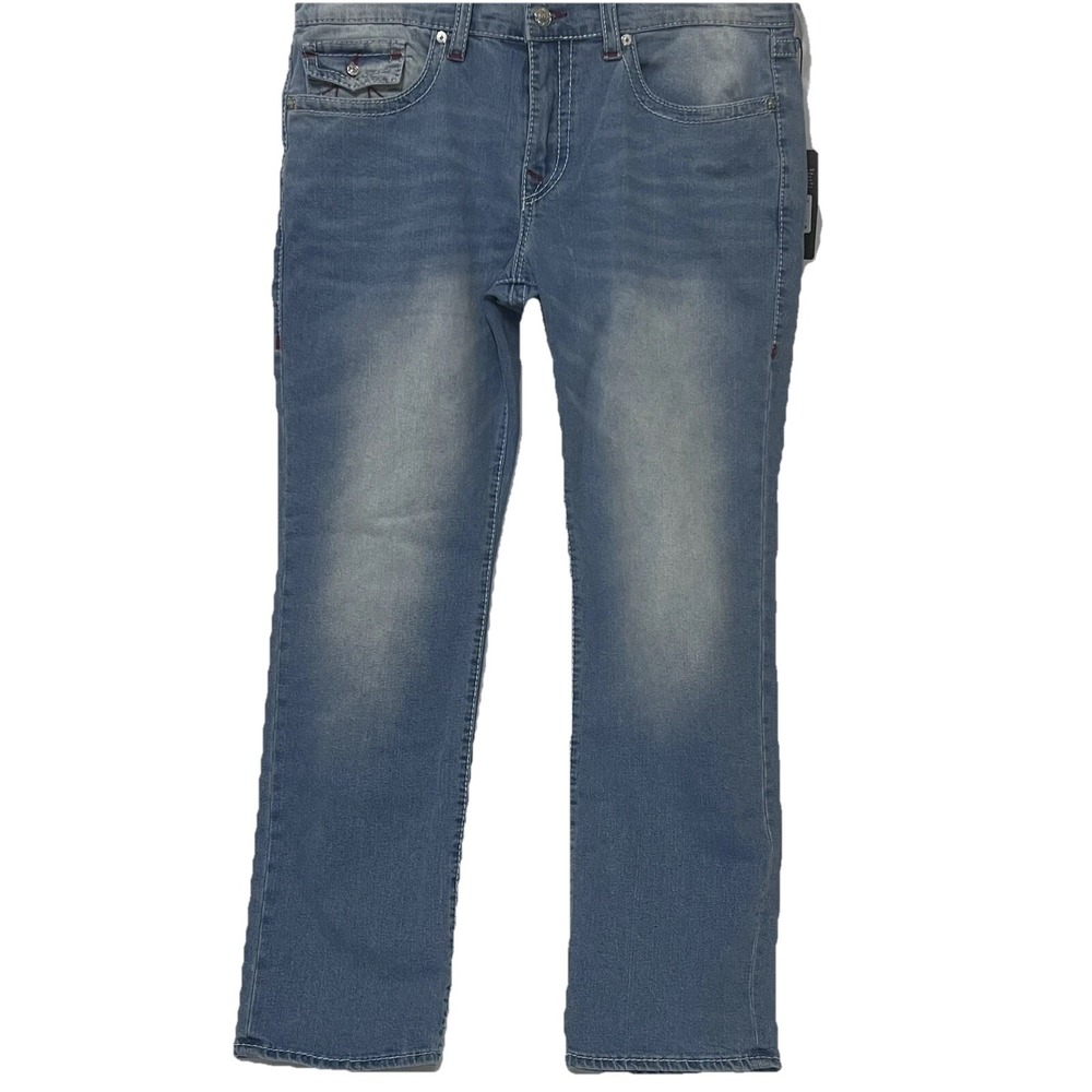 True Religion Men Denim Jeans Ricky Big T Flap Relaxed Straight Light Wash 38X33
